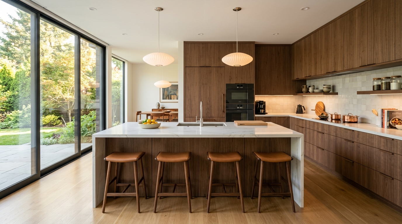 Moderne Kookeiland met houtlook